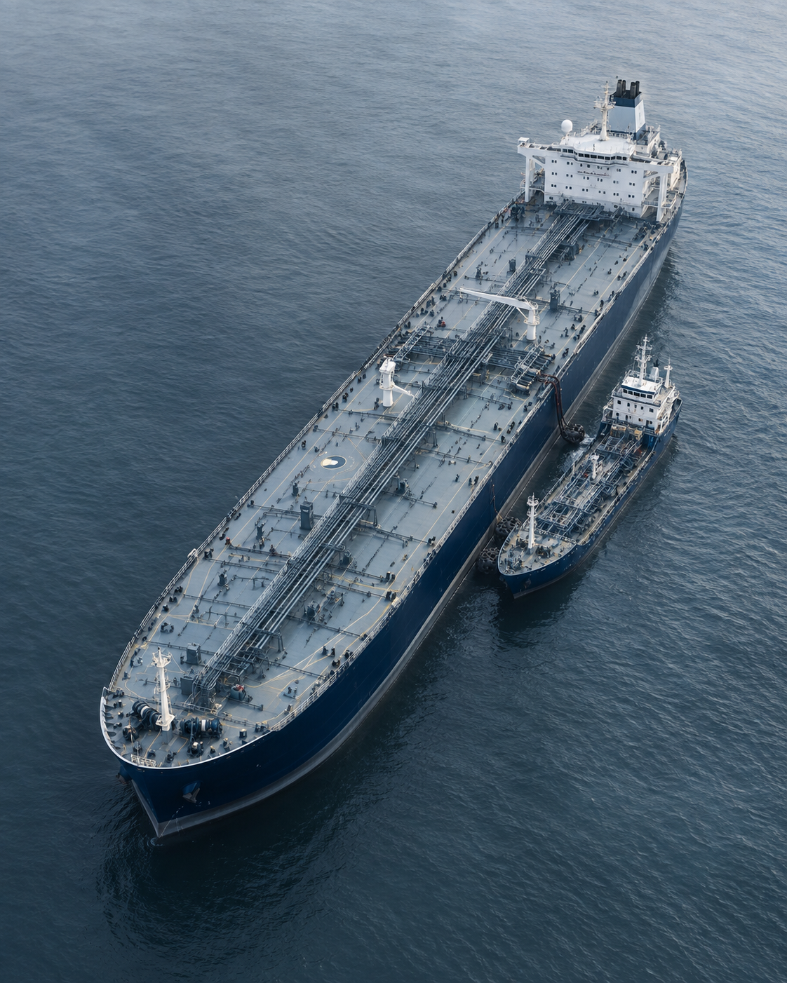 Illustrative aerial view of a tanker and bunker supply vessel alongside in slate-blue water